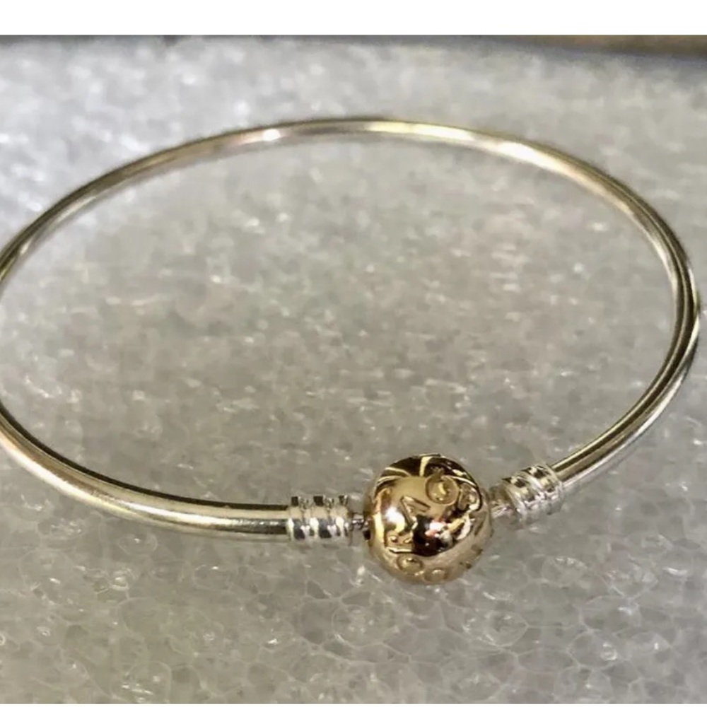 PANDORA Sterling Silver & 14k Solid Gold logo Clasp Bangle Bracelet  7.5 Inches